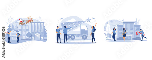 purchase of goods and gifts, Vintage pickup with Christmas tree in the trunk, festive decoration of the atmosphere and fireworks, set flat vector modern illustration