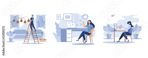 brainstorming, joyful girl with a phone in her hand likes, have dialogue and communicate at workplace between colleagues, set flat vector modern illustration