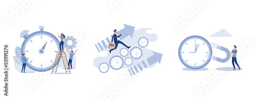 time management concept, people rush to do everything on work matters, the alarm clock is ringing on a white background, set flat vector modern illustration