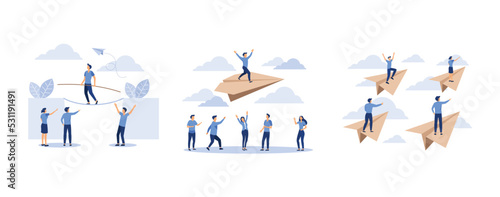 the concept of business motivation and ambition  a man rises up on a paper plane  businessman fly behind the leader on paper planes up and pointing to success  set flat vector modern illustration
