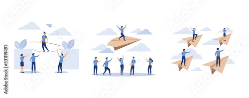 the concept of business motivation and ambition, a man rises up on a paper plane, businessman fly behind the leader on paper planes up and pointing to success, set flat vector modern illustration