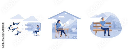 attracting and attracting customers with a magnet, girl student graduate sitting at home, the man is working on the development of the idea, set flat vector modern illustration