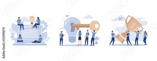 young programmers code the web site on the laptop from the command line, creative concept idea key to success, best score winner prize, set flat vector modern illustration