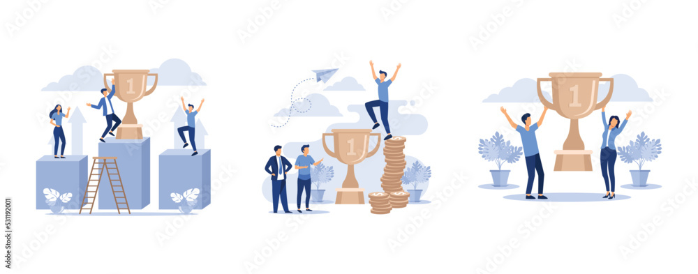 gold cup trophy symbol icon in flat style, leadership qualities in a creative team, small people are happy to have a winner, set flat vector modern illustration