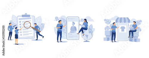 people select a resume for a job, people sit at a conference and look at the big screen, online shopping, set flat vector modern illustration