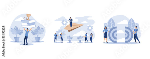 online books and study guides, a man rises up on a paper plane, business teamwork together people connect puzzle elements, set flat vector modern illustration