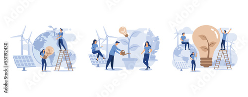 energy from solar panels and windmills, alternative renewable energy. save energy, solar energy, set flat vector modern illustration