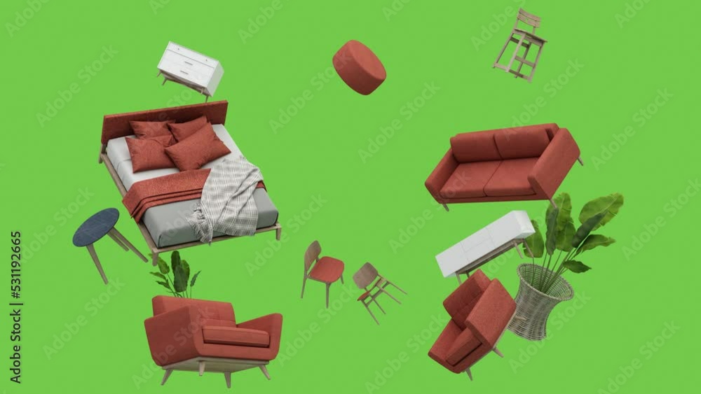 pastel sofa surrounding by coffee table armchair bed and plant pot Furniture that is floating and spinning on a green screen background for customization minimal concept 3d rendering looped animation pastel sofa surrounding by coffee table armchair bed and plant pot Furniture that is floating and spinning on a green screen background for customization minimal concept 3d rendering looped animation