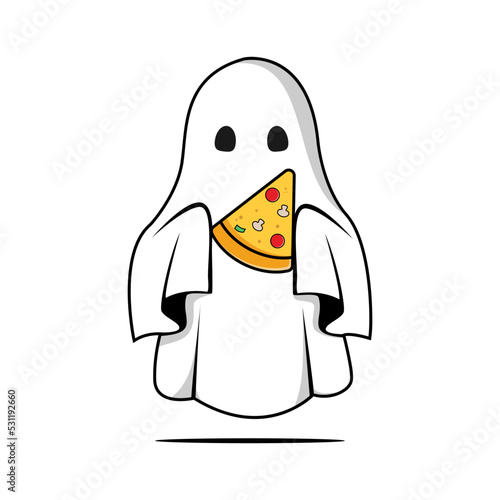 Kawaii ghost eating pizza. Happy Halloween. Cute cartoon spooky character. Vector illustration