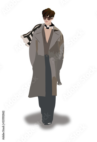 A young Asian person wear a long beige coat, brown shirt and dark pants with a black and white scarf, on white background, realistic minimalist illustration vector