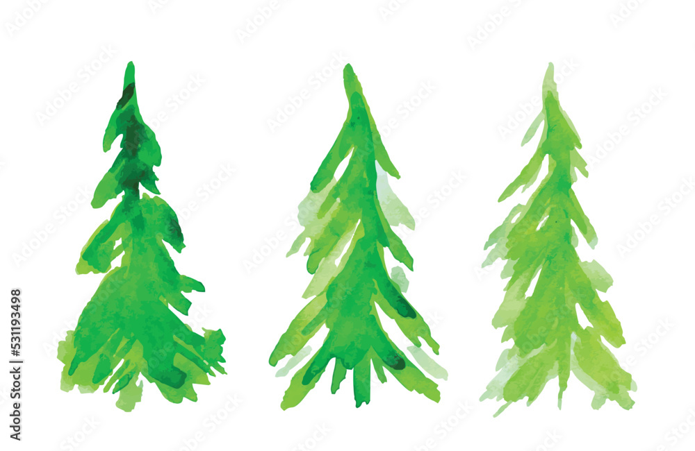 A set of a green pine tree in aquarelle brush.
