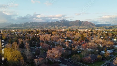 Aerial of the town and the Bridger Mountains in autumn in Bozeman, Montana. photo