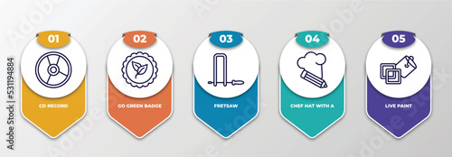 infographic template with thin line icons. infographic for general concept. included cd record, go green badge, fretsaw, chef hat with a pencil, live paint editable vector.