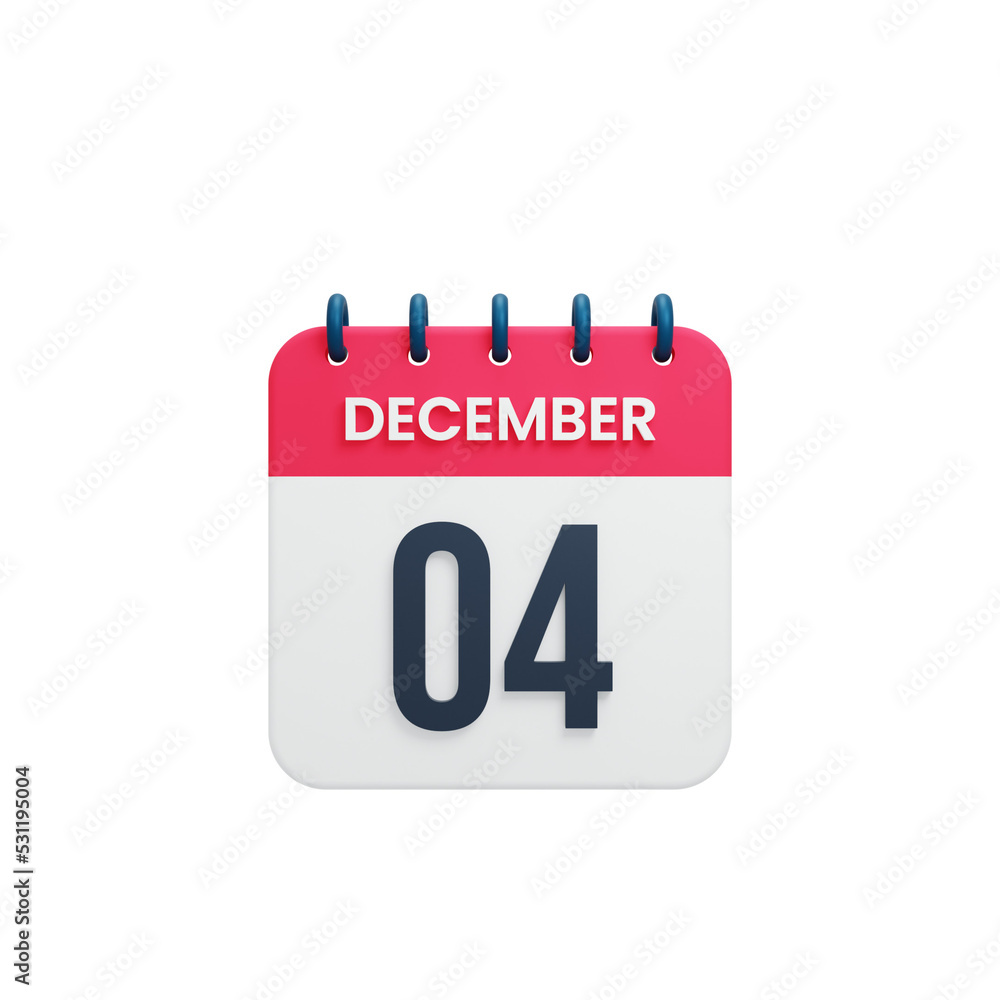 December Realistic Calendar Icon 3D Rendered Date December 04 December Realistic Calendar Icon 3D Rendered Date December 04