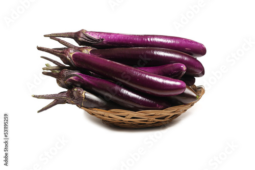 Basket of Fresh Asian Purple Eggplants Isolated on White Background