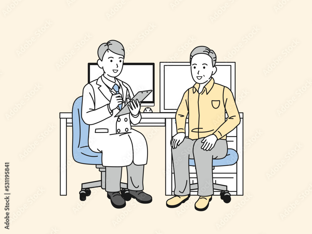 診察を受ける中年の男性 病院 医者 検査 診断 患者 イラスト 診察を受ける中年の男性 病院 医者 検査 診断 患者 イラスト