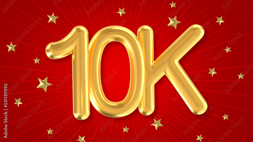 3d golden 10K with star and red background. 3d illustration.