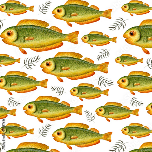 green fishes with sprigs of algae seamless pattern
