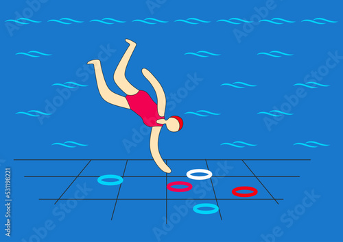 Diving collecting items from the bottom of the pool. Swimming pool. Young girl.