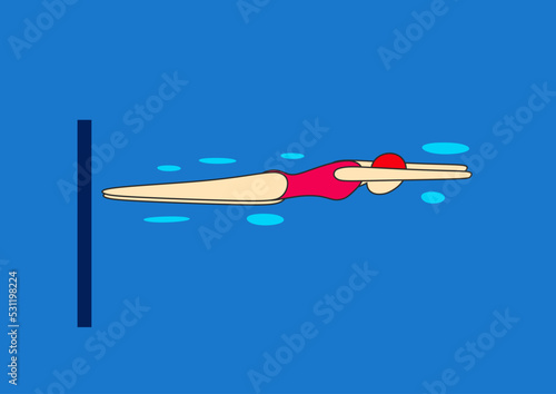 Pushing against the wall, stretching (arrow). Swimming pool exercise. Young woman.