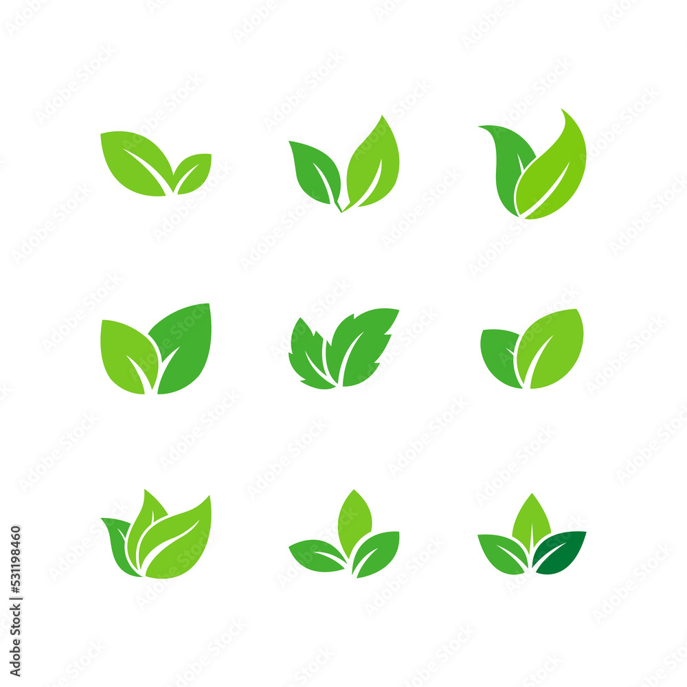 Set green leaf logo design, Leaves icon set.