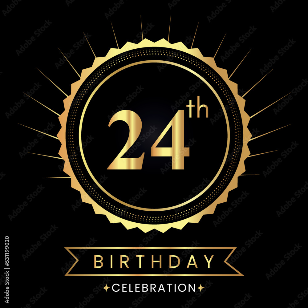 Fototapeta premium Happy 24th birthday with gold badges isolated on black background. Premium design for poster, banner, birthday card, greeting card, birthday celebrations, invitation card, congratulations.