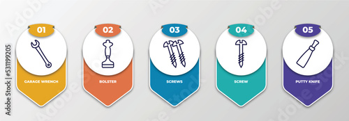 infographic template with thin line icons. infographic for construction tools concept. included garage wrench, bolster, screws, screw, putty knife editable vector.