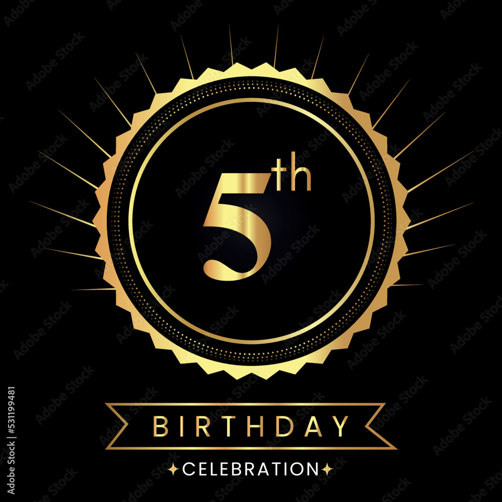 Fototapeta premium Happy 5th birthday with gold badges isolated on black background. Premium design for poster, banner, birthday card, greeting card, birthday celebrations, invitation card, congratulations.