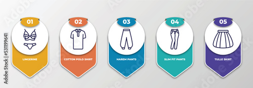infographic template with thin line icons. infographic for clothes concept. included lingerine, cotton polo shirt, harem pants, slim fit pants, tulle skirt editable vector.