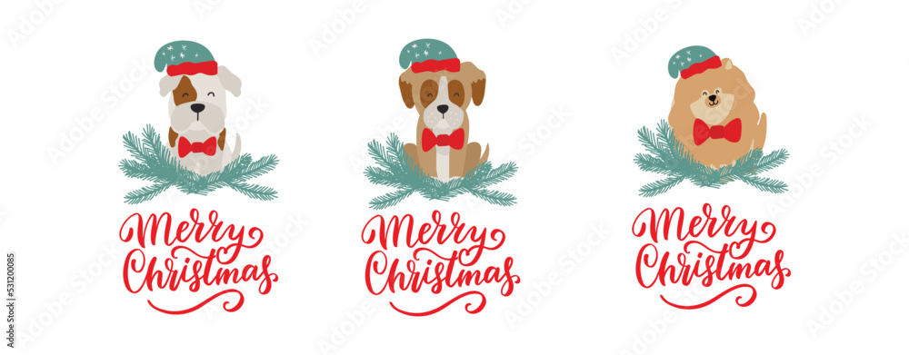 Christmas puppy dogs set pomeranian, bulldog, boxer. Merry Christmas for dog lover. Cute cartoon vector illustration. Holidays design element for greeting cards, stickers, t shirt, poster.