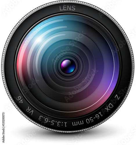 Camera photo lens 3D icon, realistic technology symbol design, vector illustration.
