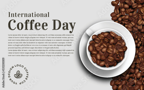 international coffee day background template simple style 3d realistic and clean with cup coffee and coffee beans.