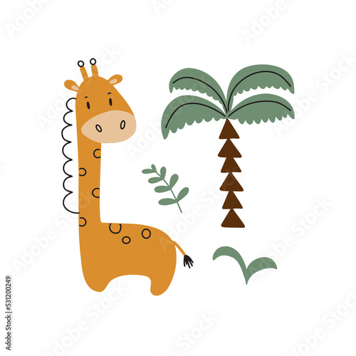 Vector illustration with cute giraffe and tropical plants on white background for your design