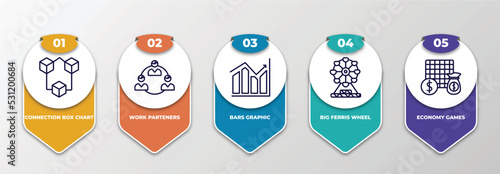 infographic template with thin line icons. infographic for business concept. included connection box chart, work parteners, bars graphic, big ferris wheel, economy games editable vector. photo