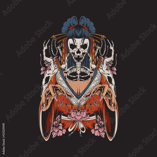 Japanese women geisha detail illustration with skull design