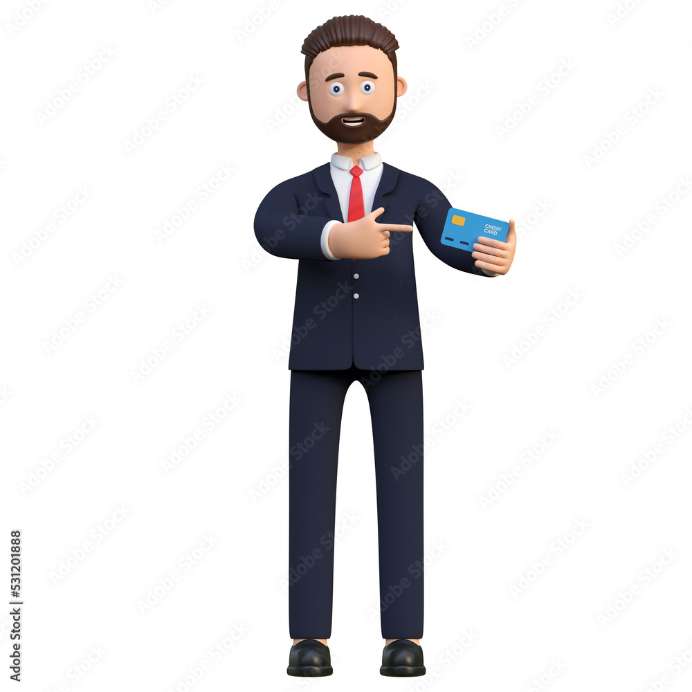 businessman pointing credit card for payment 3d character illustration businessman pointing credit card for payment 3d character illustration
