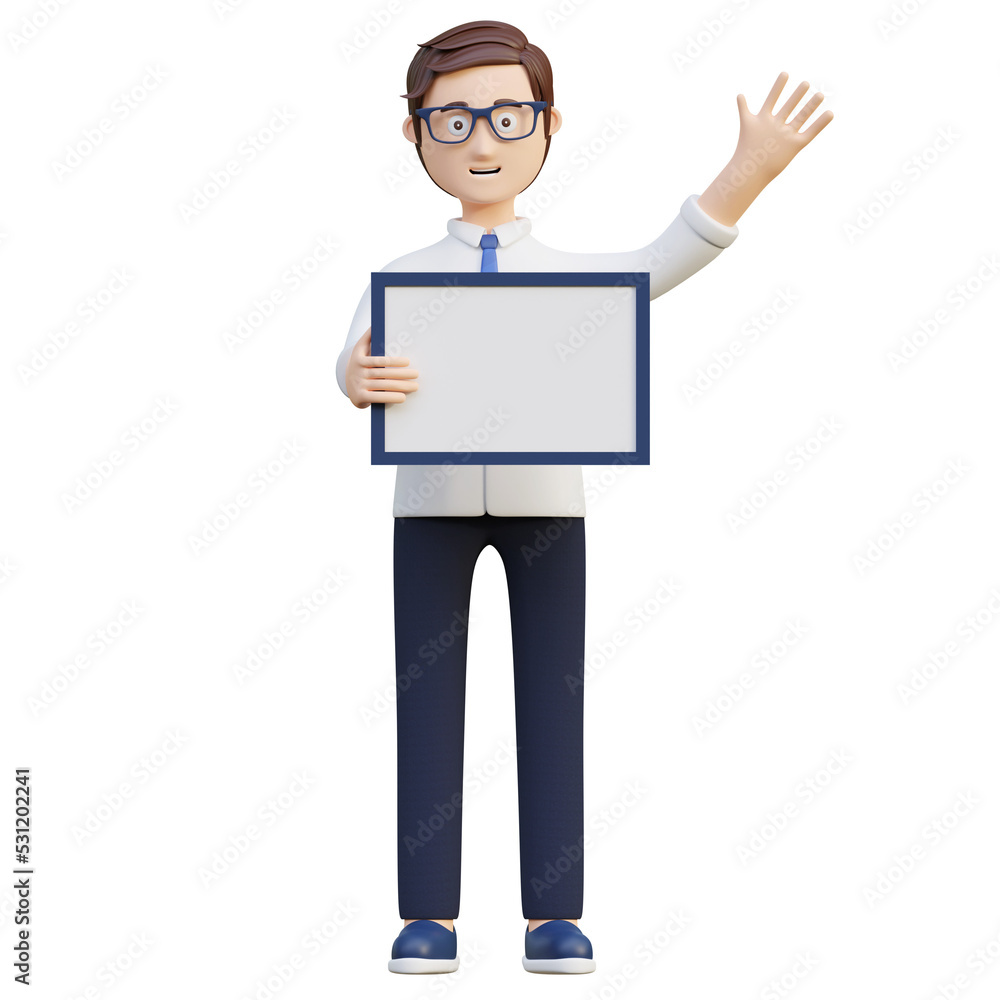 young office worker holding blank board page and waving hand 3d character illustration young office worker holding blank board page and waving hand 3d character illustration