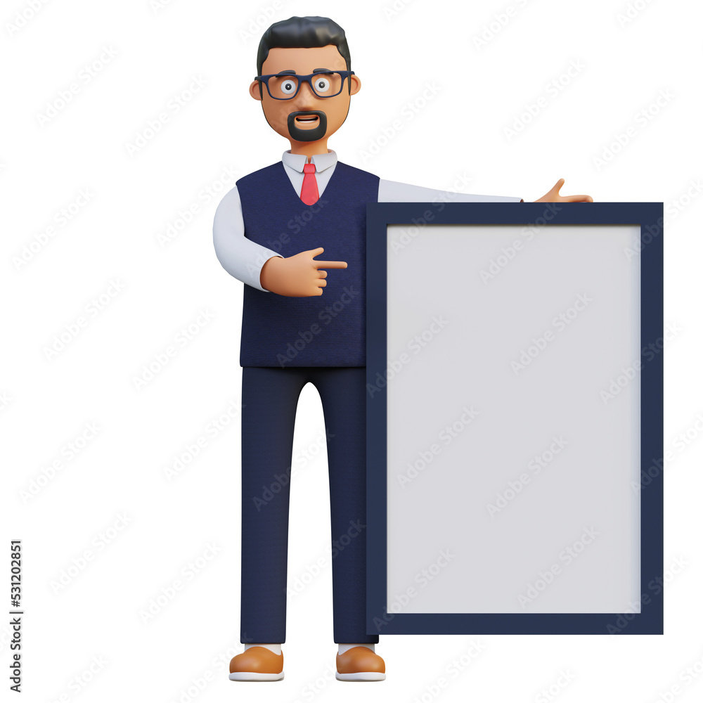 happy businessman holding blank board page 3d character illustration happy businessman holding blank board page 3d character illustration