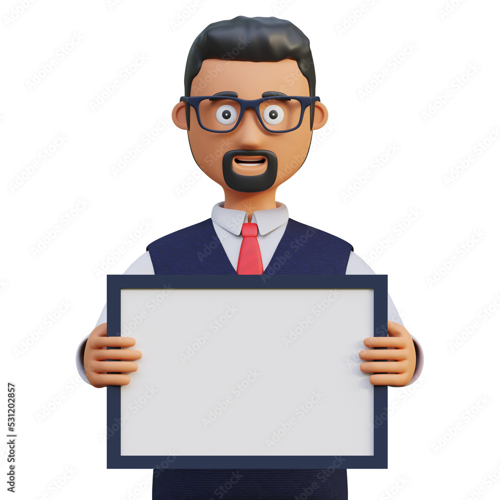 happy businessman holding blank board page 3d close up view character illustration
