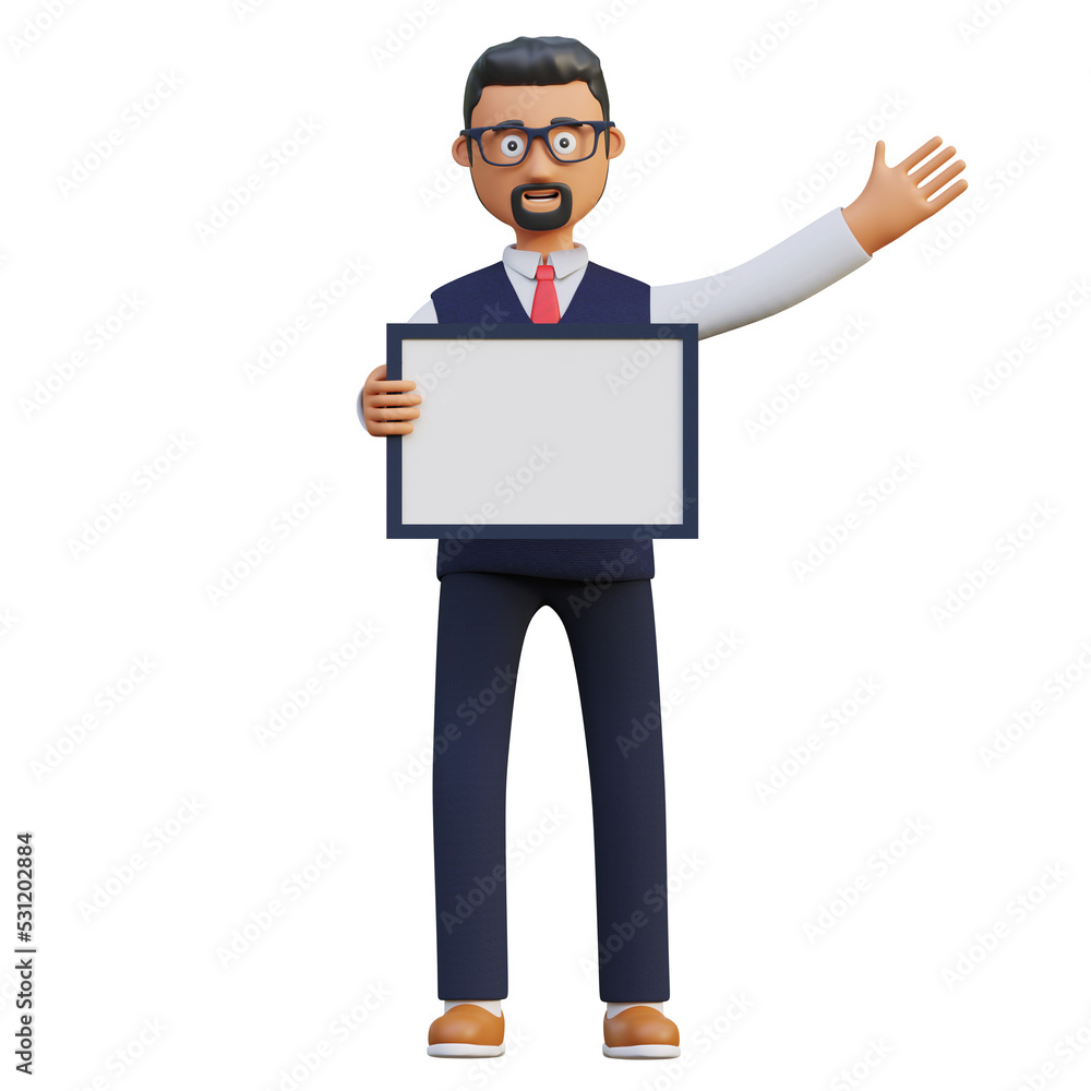 happy businessman holding blank board page and waving hand 3d character illustration happy businessman holding blank board page and waving hand 3d character illustration