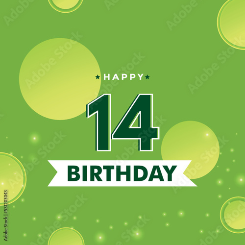 Canvas Print 14th Birthday celebration with yellow-green circle isolated on green background