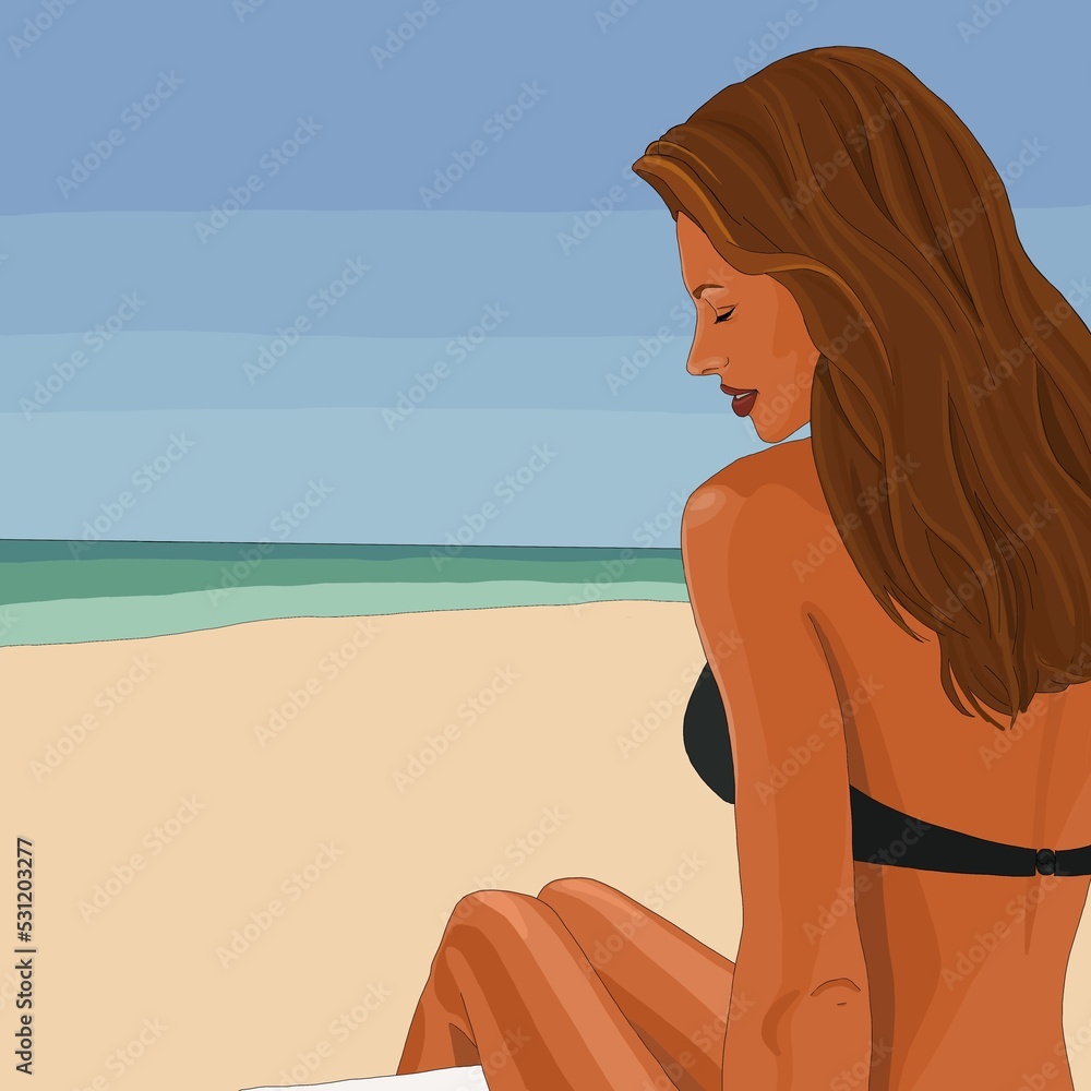 Chilling woman on beach sunbathing girl on sand beach with blue sea beautiful naked tanned girl on vacation illustration for sunscreen cream spray spf 30 50