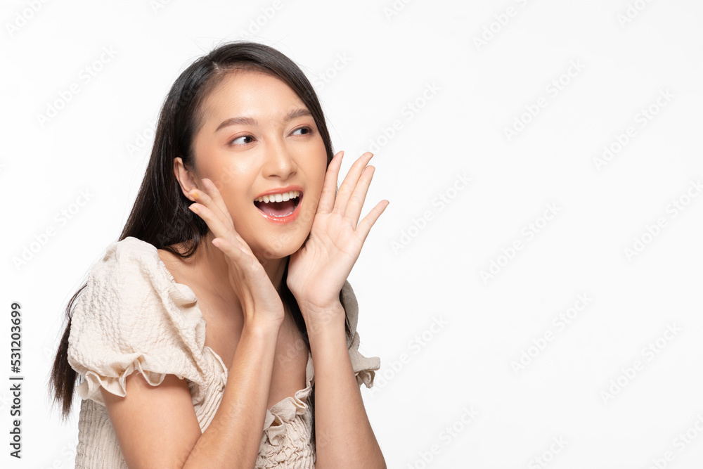 Excited Asian young woman open mouth raising hands. Cheerful female with casual making announcement surprise isolate white background. Expression shock price or mock up for display discount promotion Excited Asian young woman open mouth raising hands. Cheerful female with casual making announcement surprise isolate white background. Expression shock price or mock up for display discount promotion