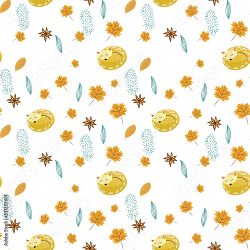 Seamless pattern with cute abstract plants, flowers and leaves, chanterelles, fox, twigs, cinnamon in a gentle palette.
