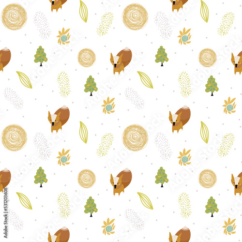 Seamless pattern with Cute abstract plants, flowers and leaves, trees, chanterelle, fox, twigs, in a gentle palette.