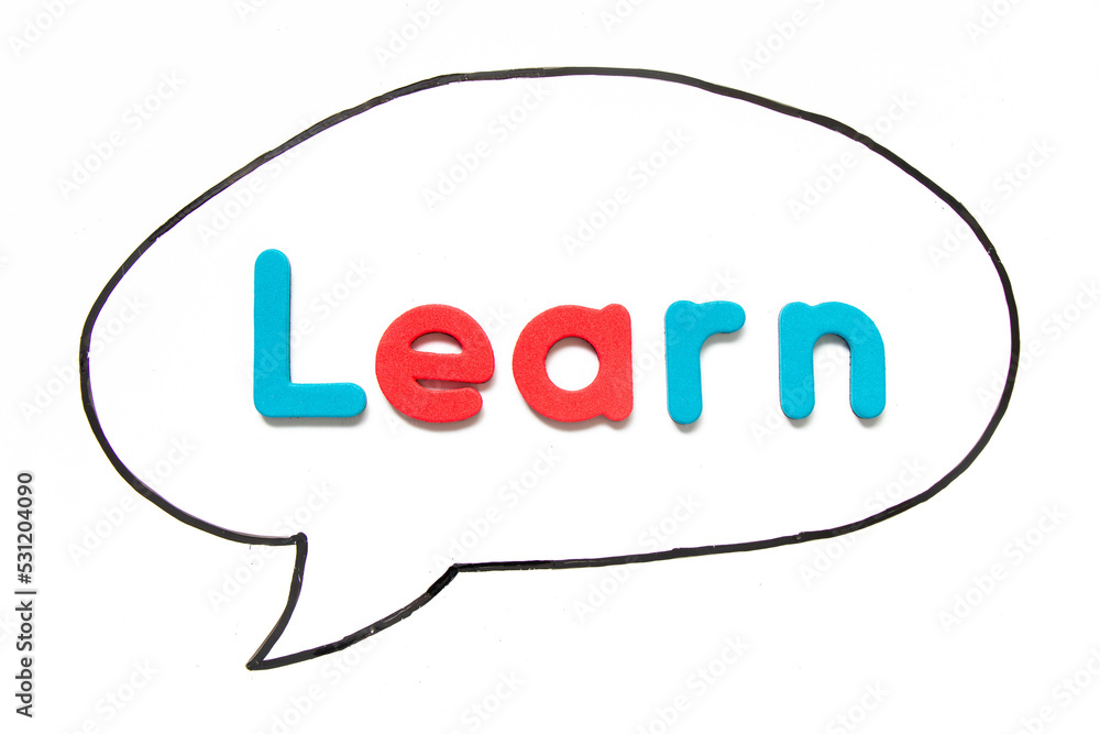 Alphabet letter with word learn in black line hand drawing as bubble speech on white board background Alphabet letter with word learn in black line hand drawing as bubble speech on white board background