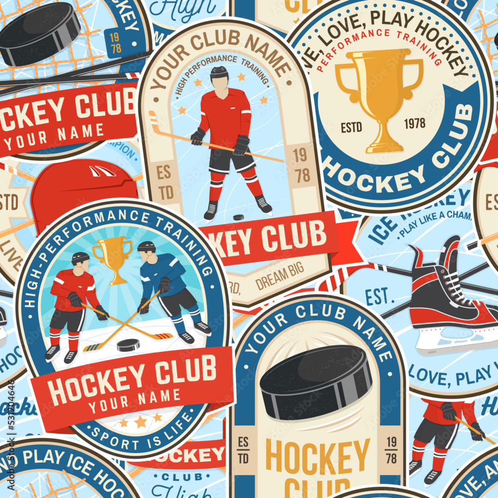 Ice Hockey colorful seamless pattern. Concept for shirt or logo, print, stamp or tee. Winter sport. Background, wallpaper, seamless pattern with player, sticker, puck and skates silhouette. Vector.