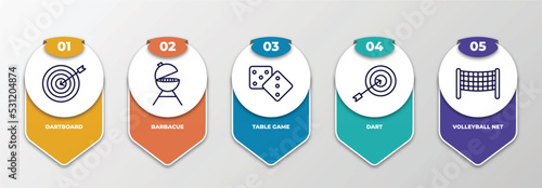 infographic template with thin line icons. infographic for outdoor activities concept. included dartboard, barbacue, table game, dart, volleyball net editable vector.