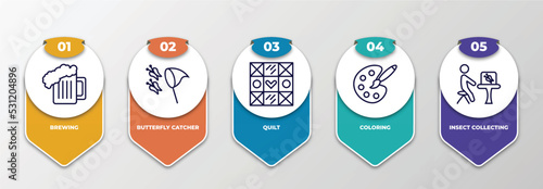 infographic template with thin line icons. infographic for activity and hobbies concept. included brewing, butterfly catcher, quilt, coloring, insect collecting editable vector.