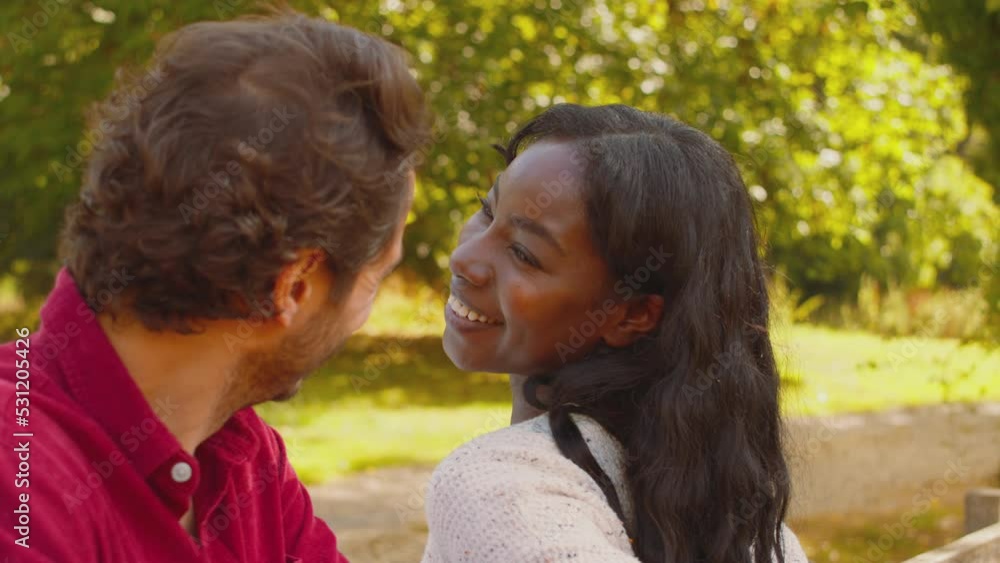 Loving smiling multi-racial couple walking in summer countryside resting by wooden fence - shot in slow motion Loving smiling multi-racial couple walking in summer countryside resting by wooden fence - shot in slow motion
